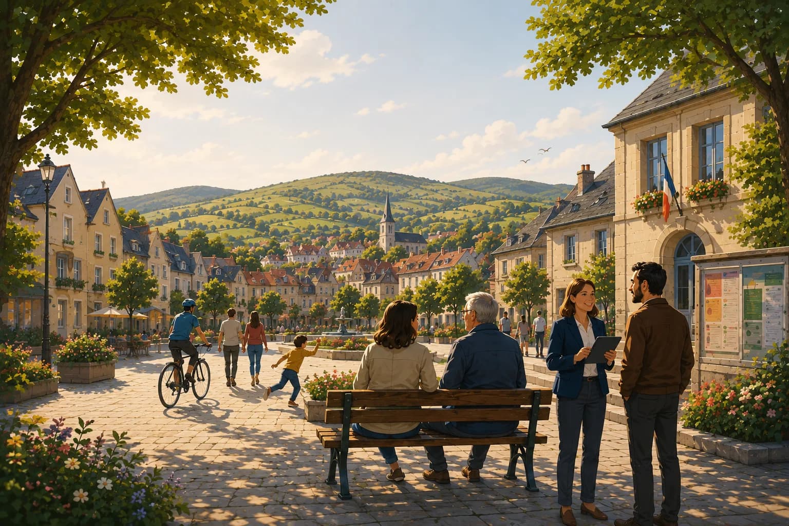 Place d'un village animée : habitants, familles et élus se retrouvent devant la mairie