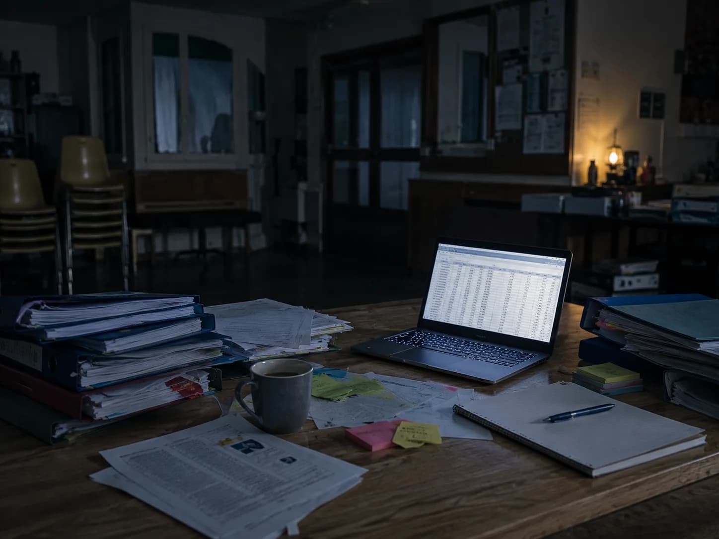 Tard le soir dans une salle associative : classeurs empilés, paperasse et tableur ouvert sur l'ordinateur
