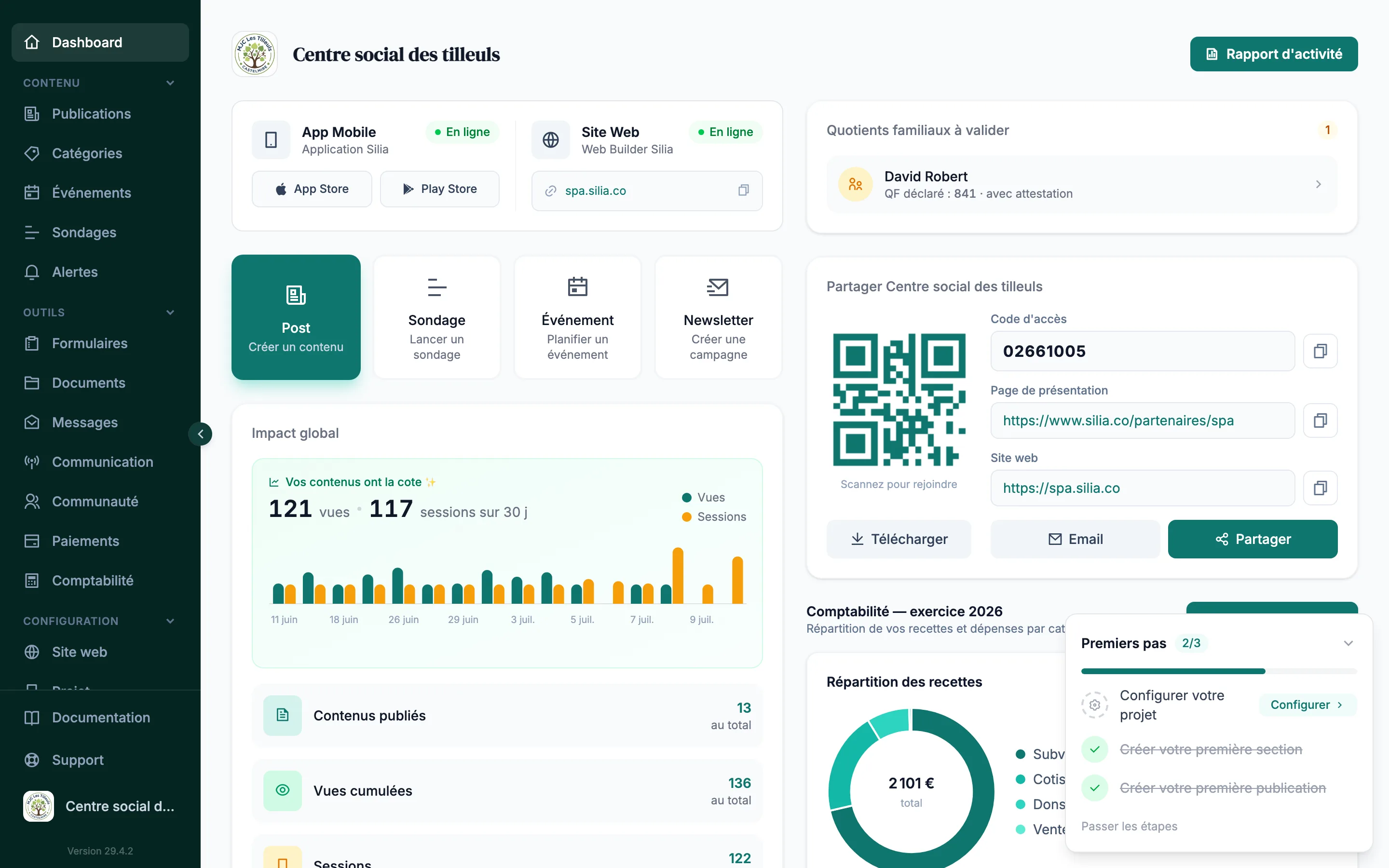 Tableau de bord du logiciel association Silia : application mobile, site web, statistiques et comptabilité