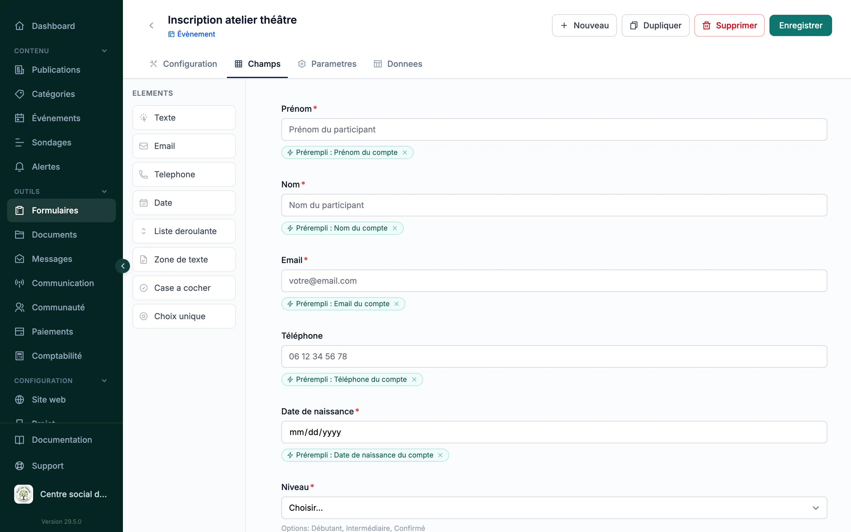 Builder de formulaire Silia : champs personnalisés avec préremplissage depuis le profil