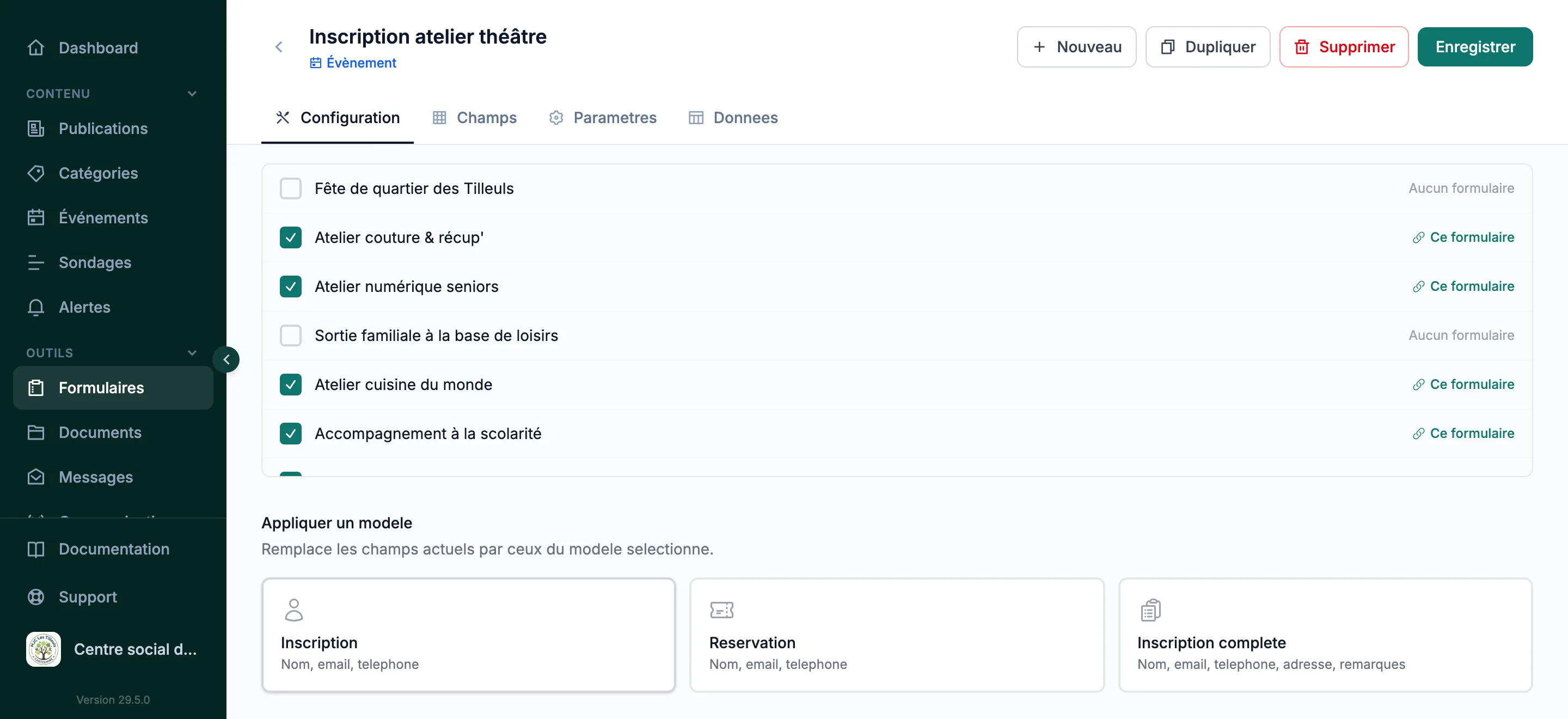 Liste des modèles de formulaires prêts à l'emploi dans le back-office Silia