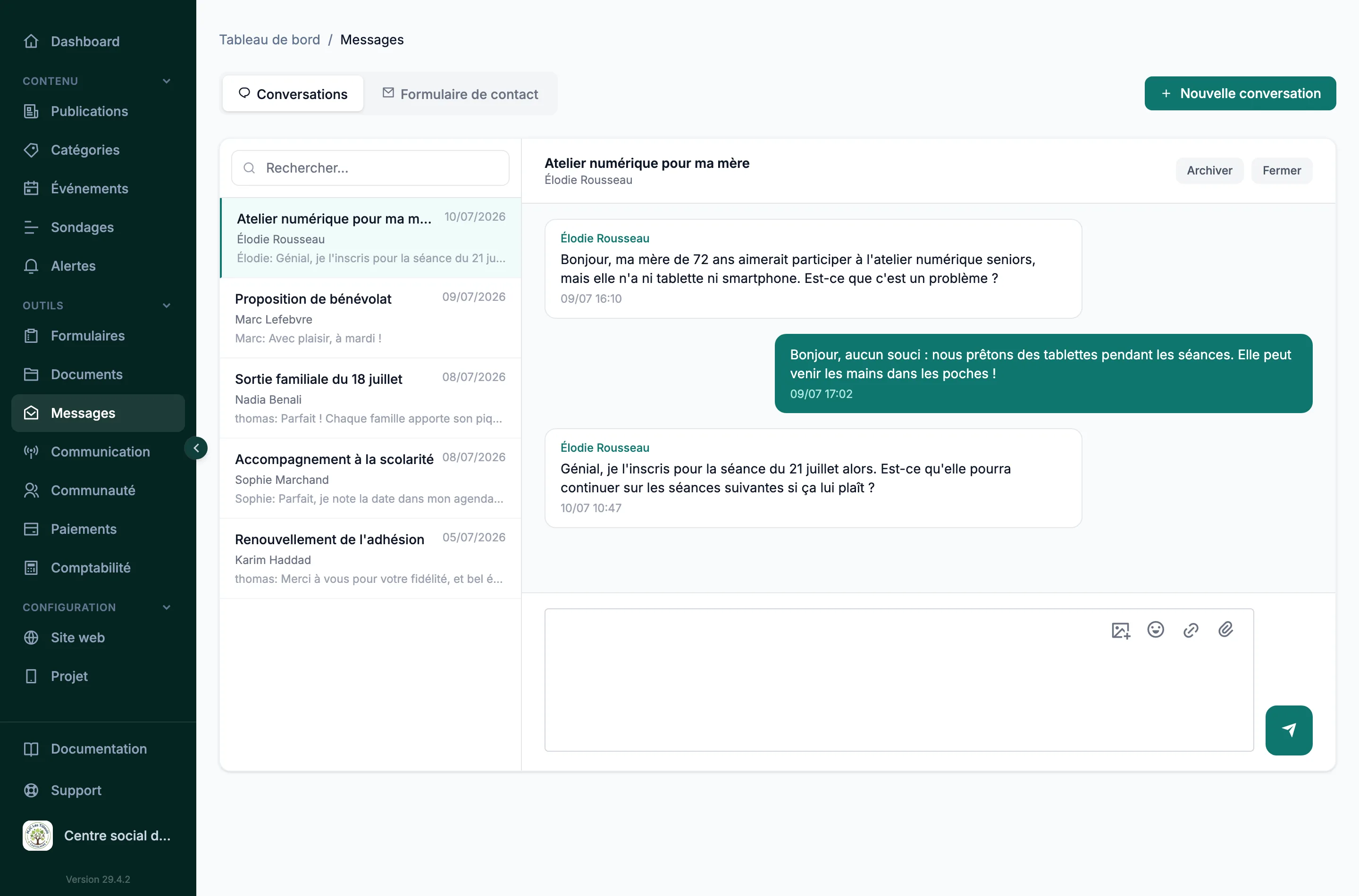 Messagerie privée entre un membre et les responsables de l'association dans Silia
