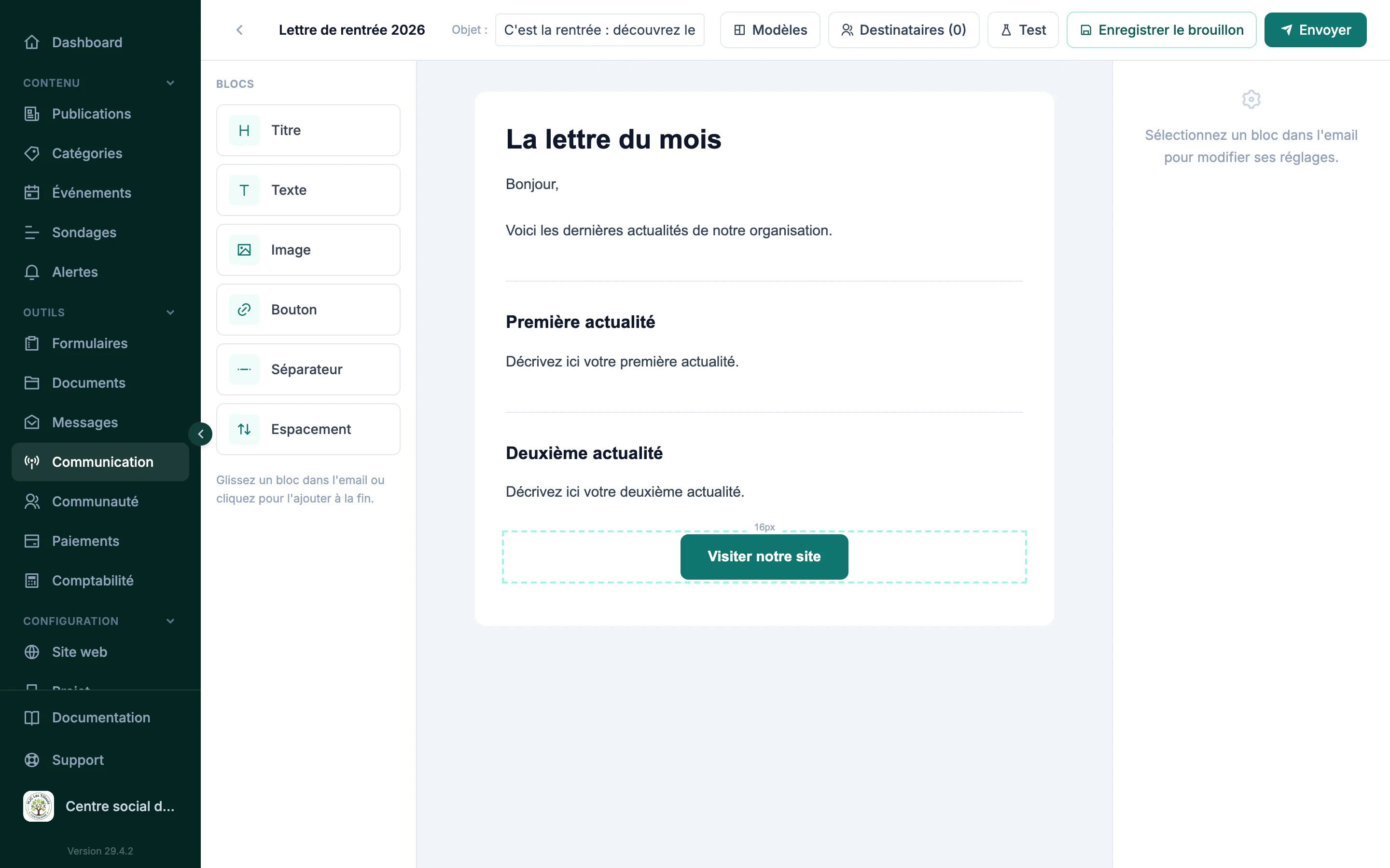 Éditeur visuel de newsletter Silia avec édition en ligne