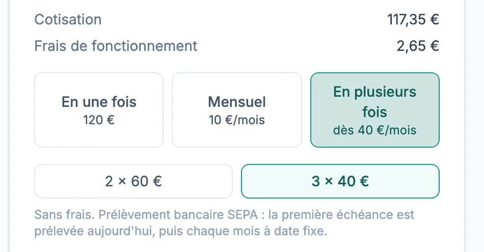 Paiement d'une adhésion en ligne : carte bancaire ou prélèvement SEPA, en une fois, mensuel ou en plusieurs fois