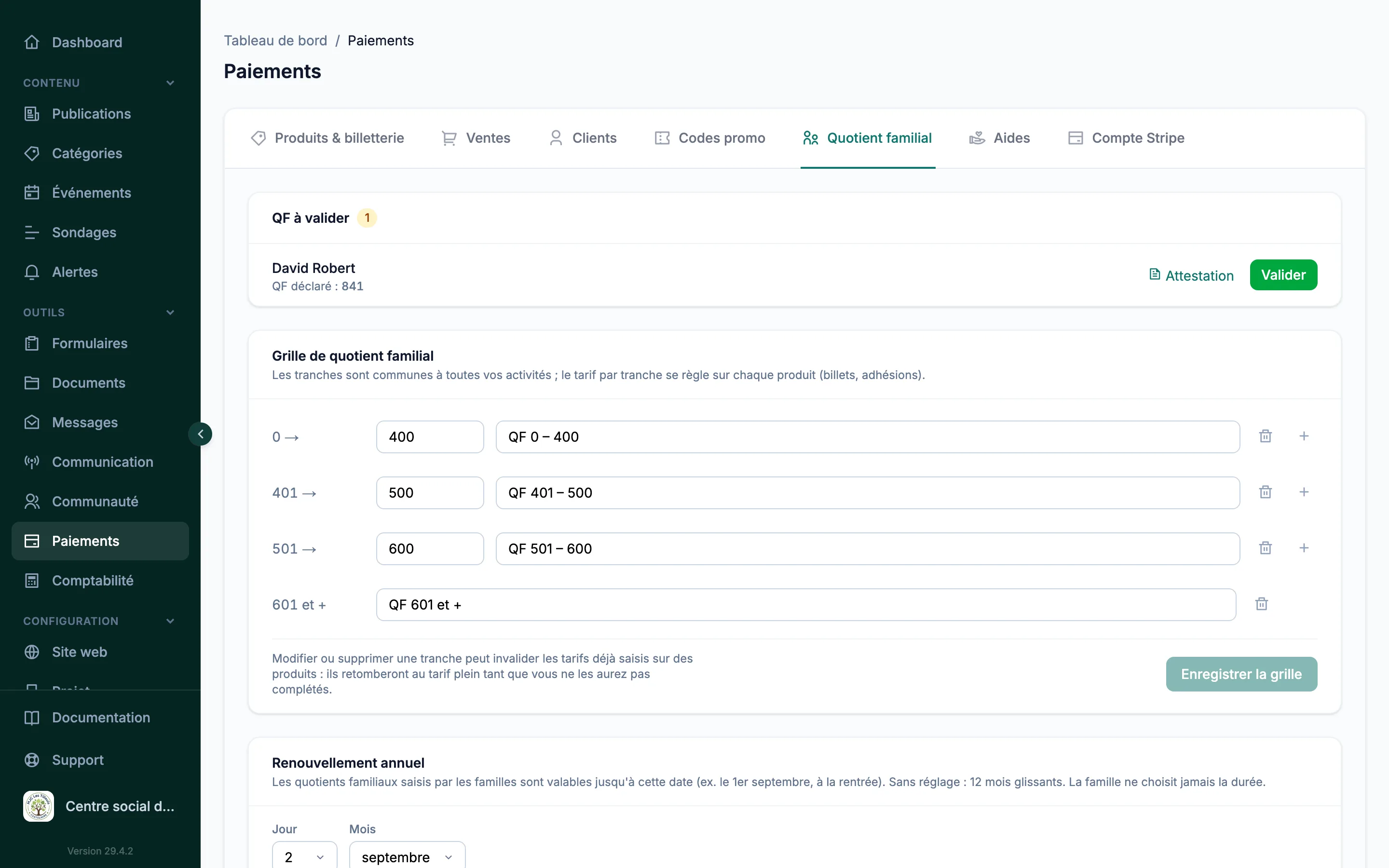 Grille de quotient familial par tranches et validation des attestations CAF dans le logiciel Silia