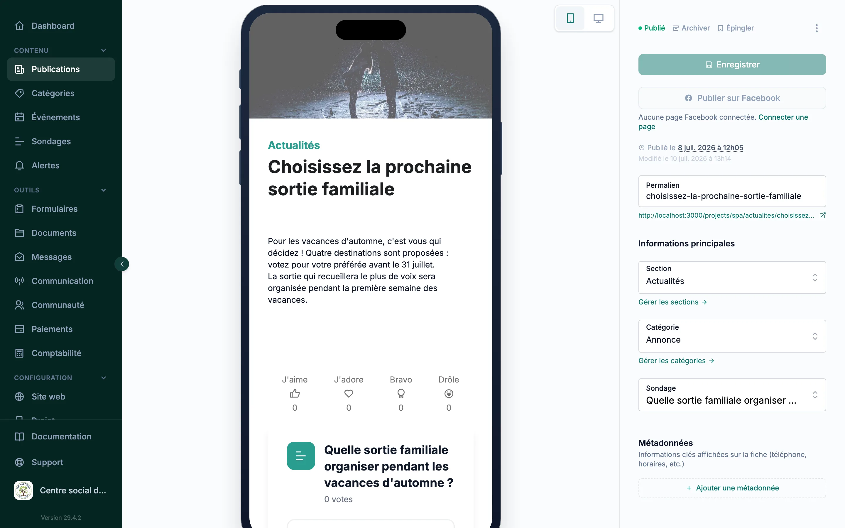 Édition d'une publication dans le back-office Silia