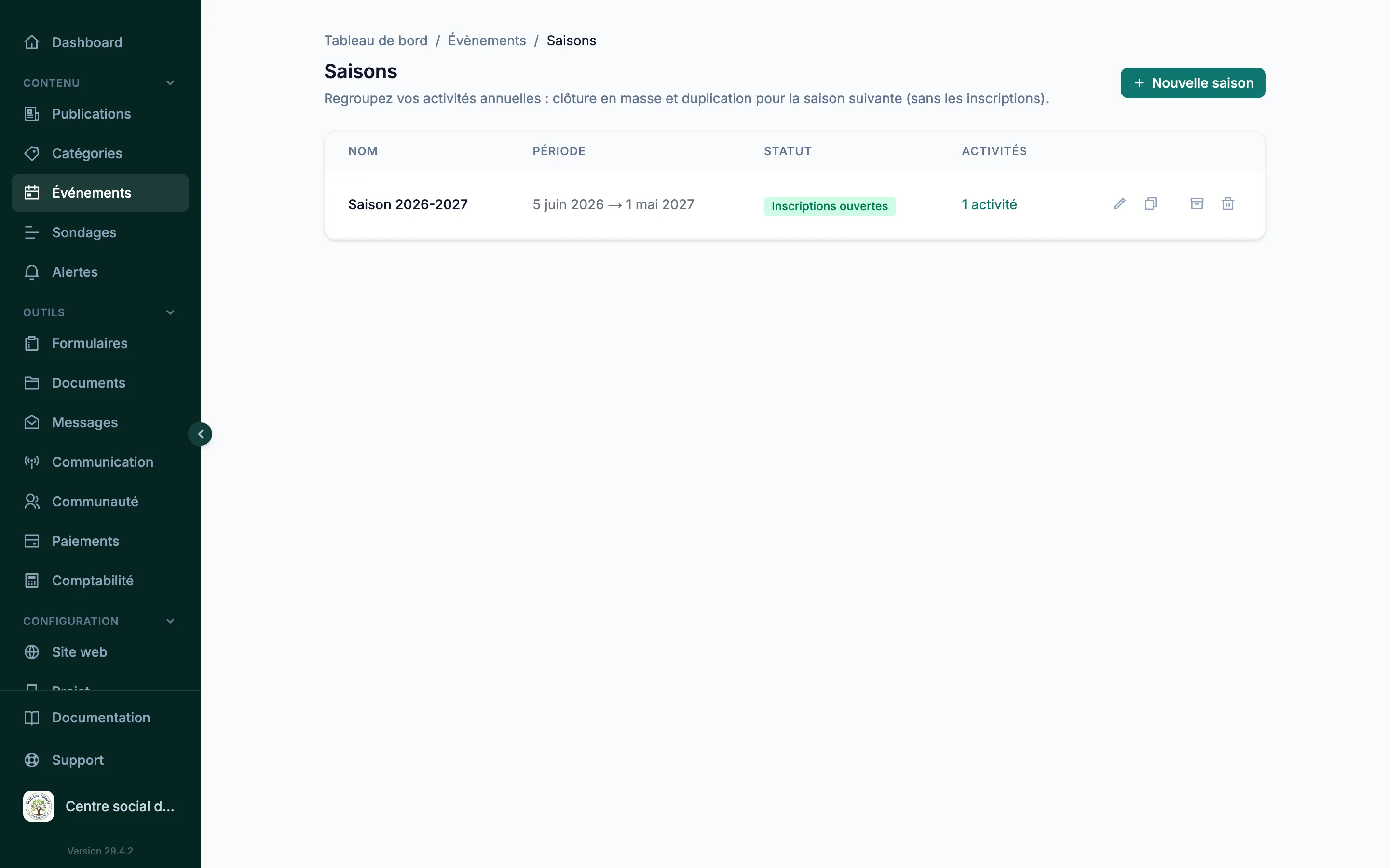 Gestion des saisons d'activités dans le back-office Silia